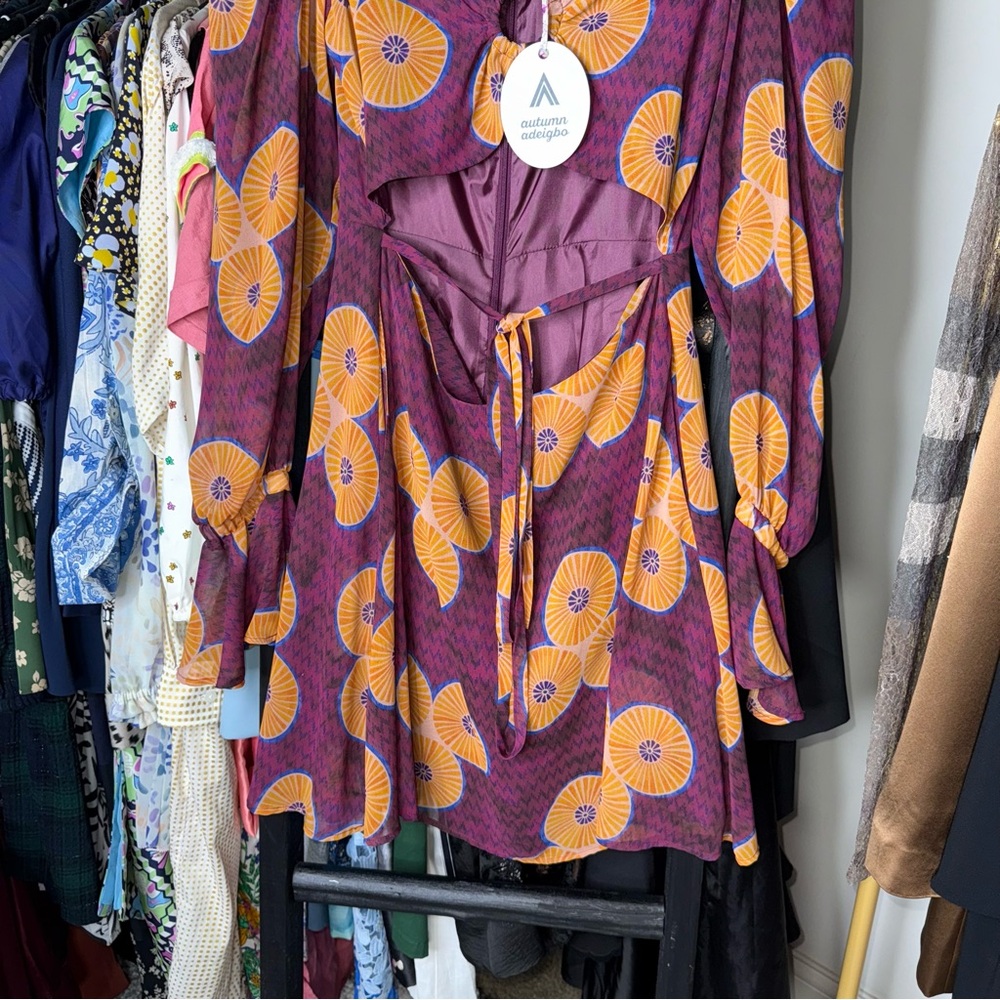 Autumn Adeigbo Amelie Printed Cut-Out Mini Dress Purple Womens 4 New NWT - Picture 10 of 17